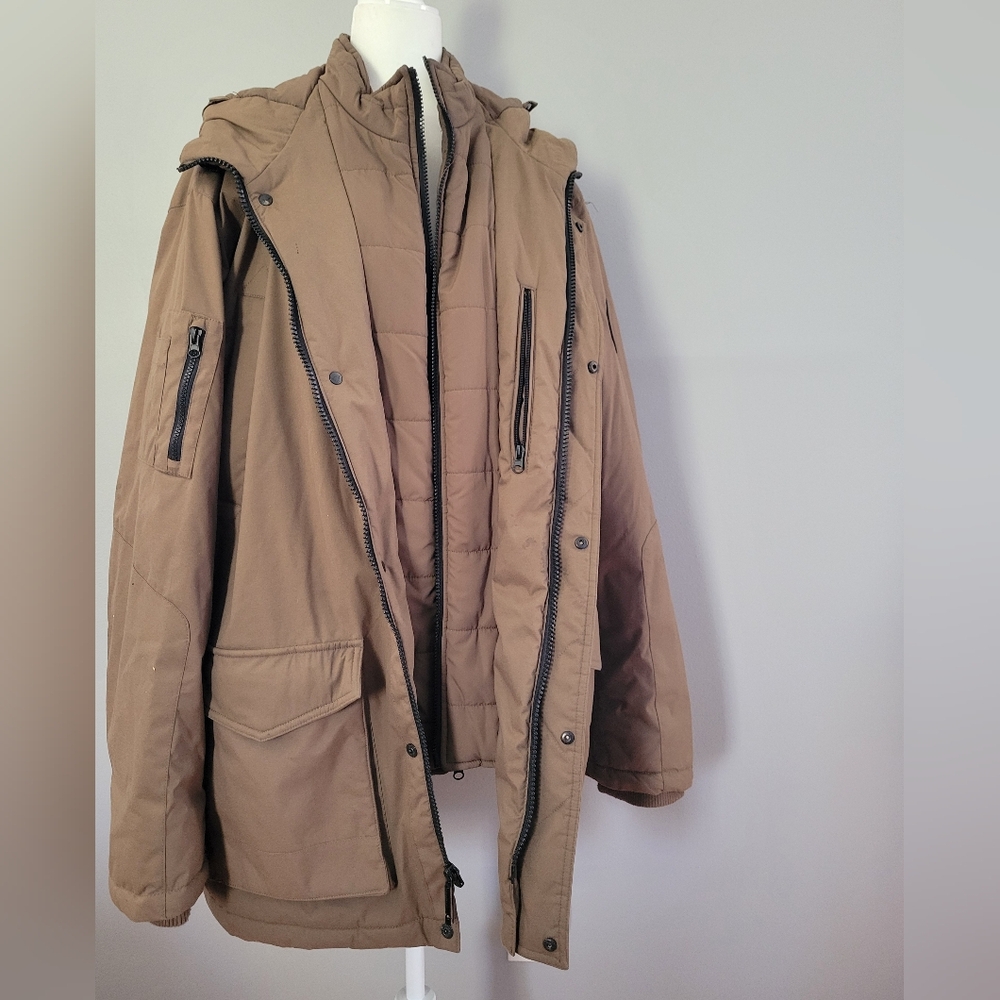 HAWKE & CO Men size Small HOODED INSULATED COAT JACKET HDP619 FAUX FUR Mud Rust